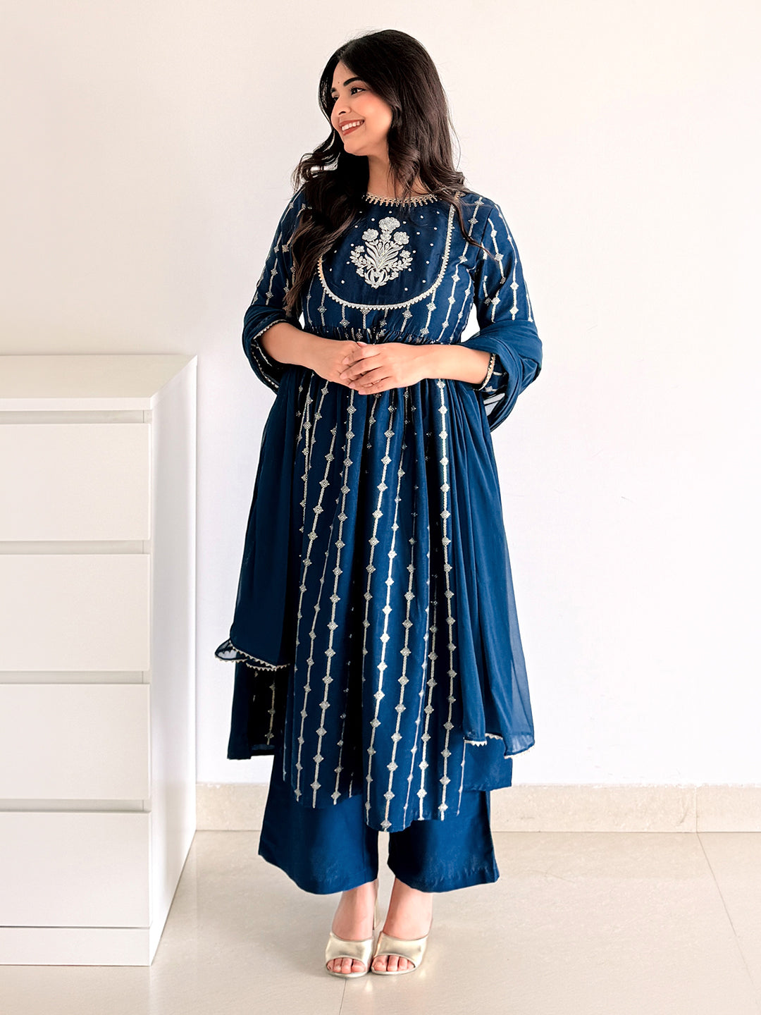 Janasya Women's Teal Blue Silk Blend Yoke Embroidered Gold Printed A-Line Kurta Set with Dupatta