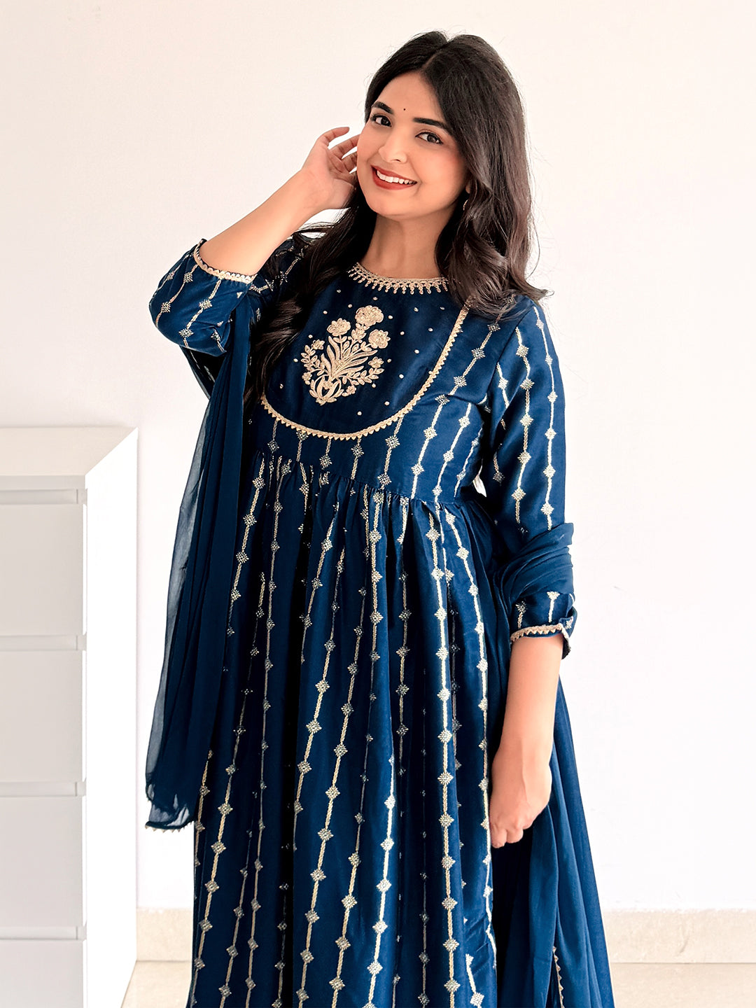Janasya Women's Teal Blue Silk Blend Yoke Embroidered Gold Printed A-Line Kurta Set with Dupatta