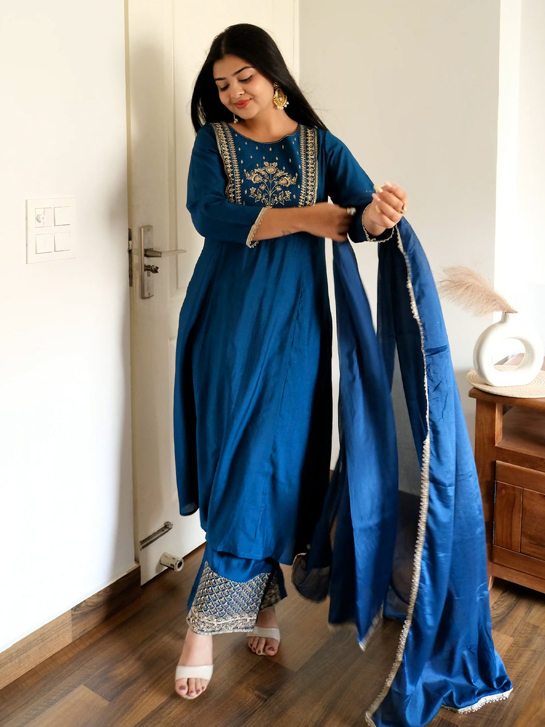 Janasya Women's Teal Blue Chanderi Silk Zari Embroidered A-line Kurta Set