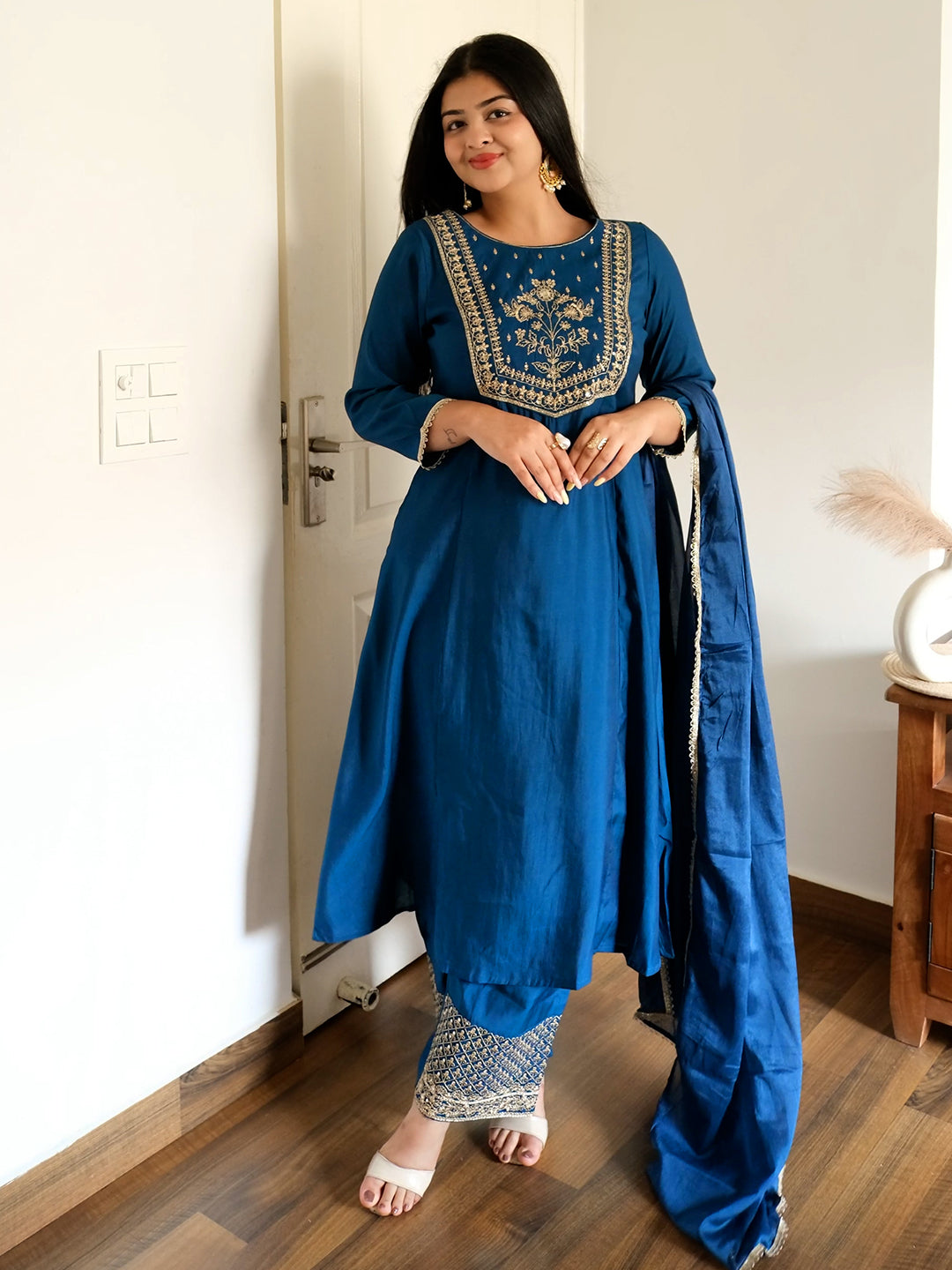 Janasya Women's Teal Blue Chanderi Silk Zari Embroidered A-line Kurta Set