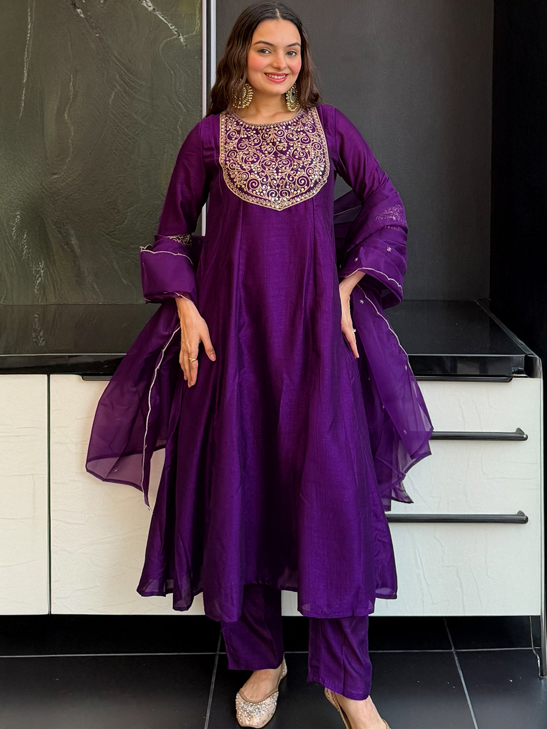 Janasya Women’s Purple Silk Blend Zari Embroidered Anarkali Kurta Set
