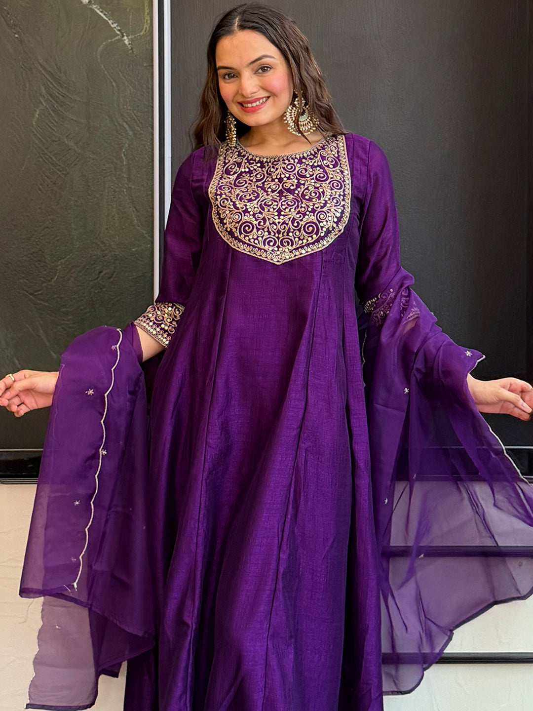 Janasya Women’s Purple Silk Blend Zari Embroidered Anarkali Kurta Set