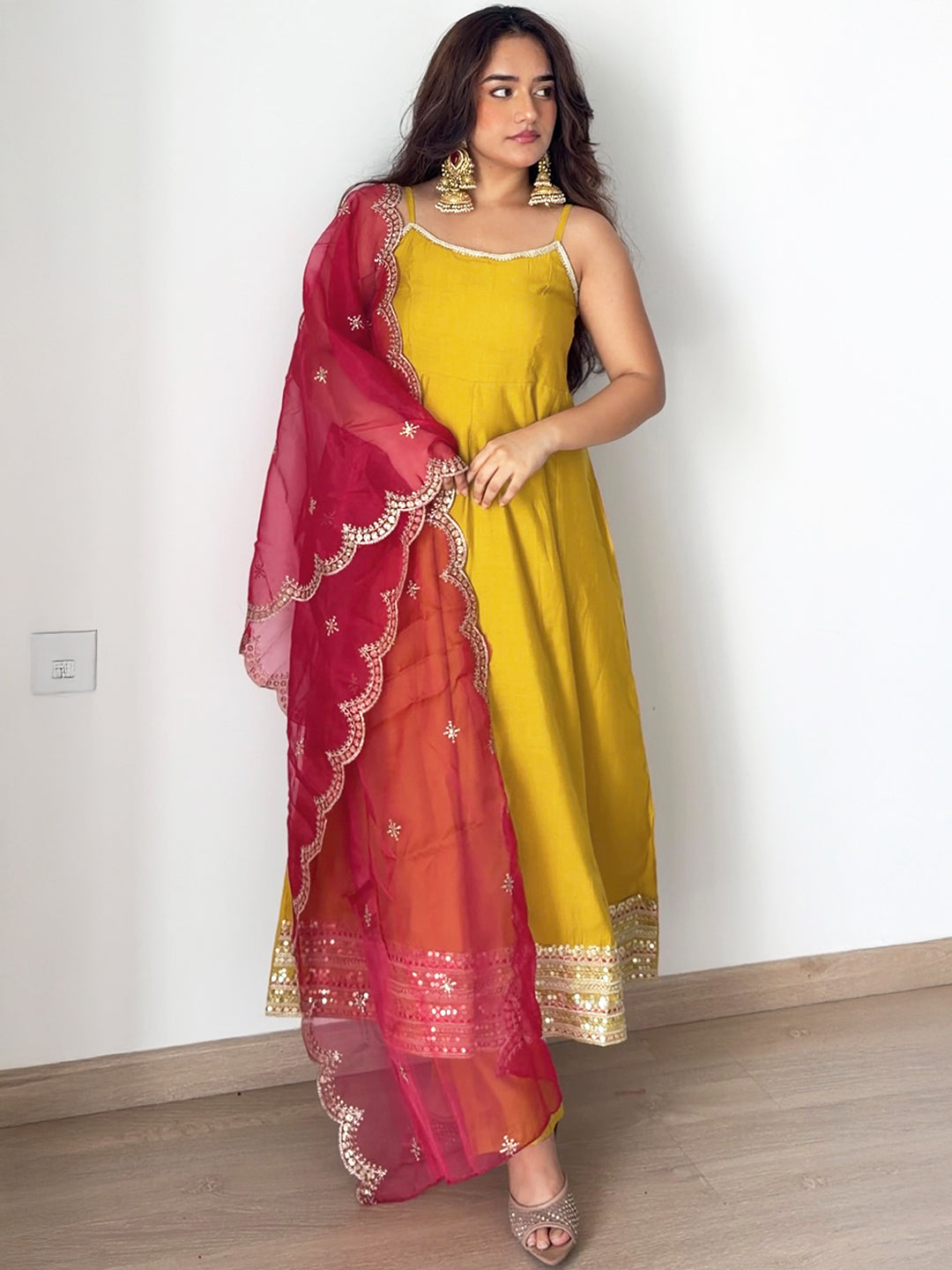 Janasya Women's Mustard Chanderi Silk Embellished Anarkali Kurta Set