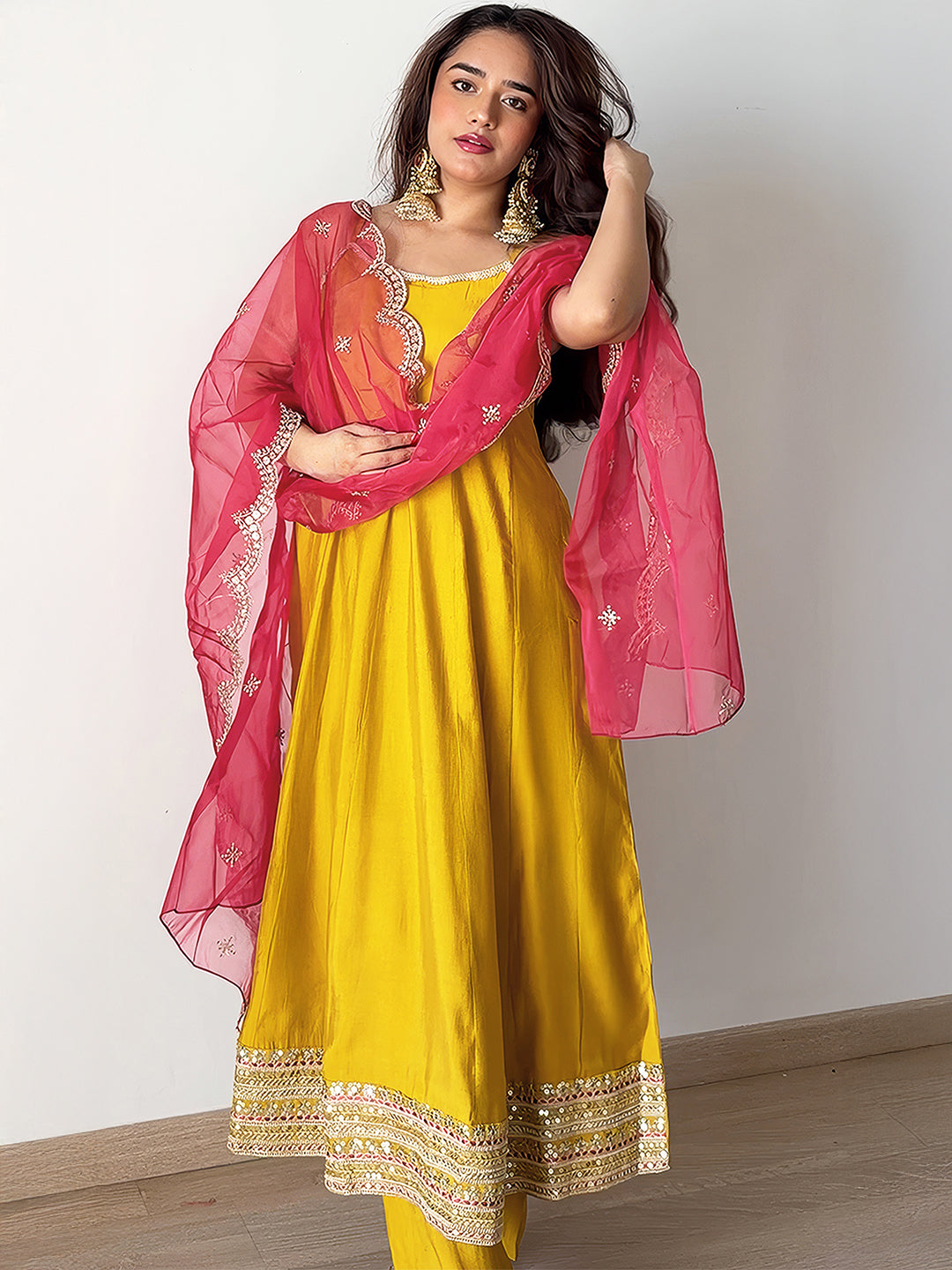 Janasya Women's Mustard Chanderi Silk Embellished Anarkali Kurta Set