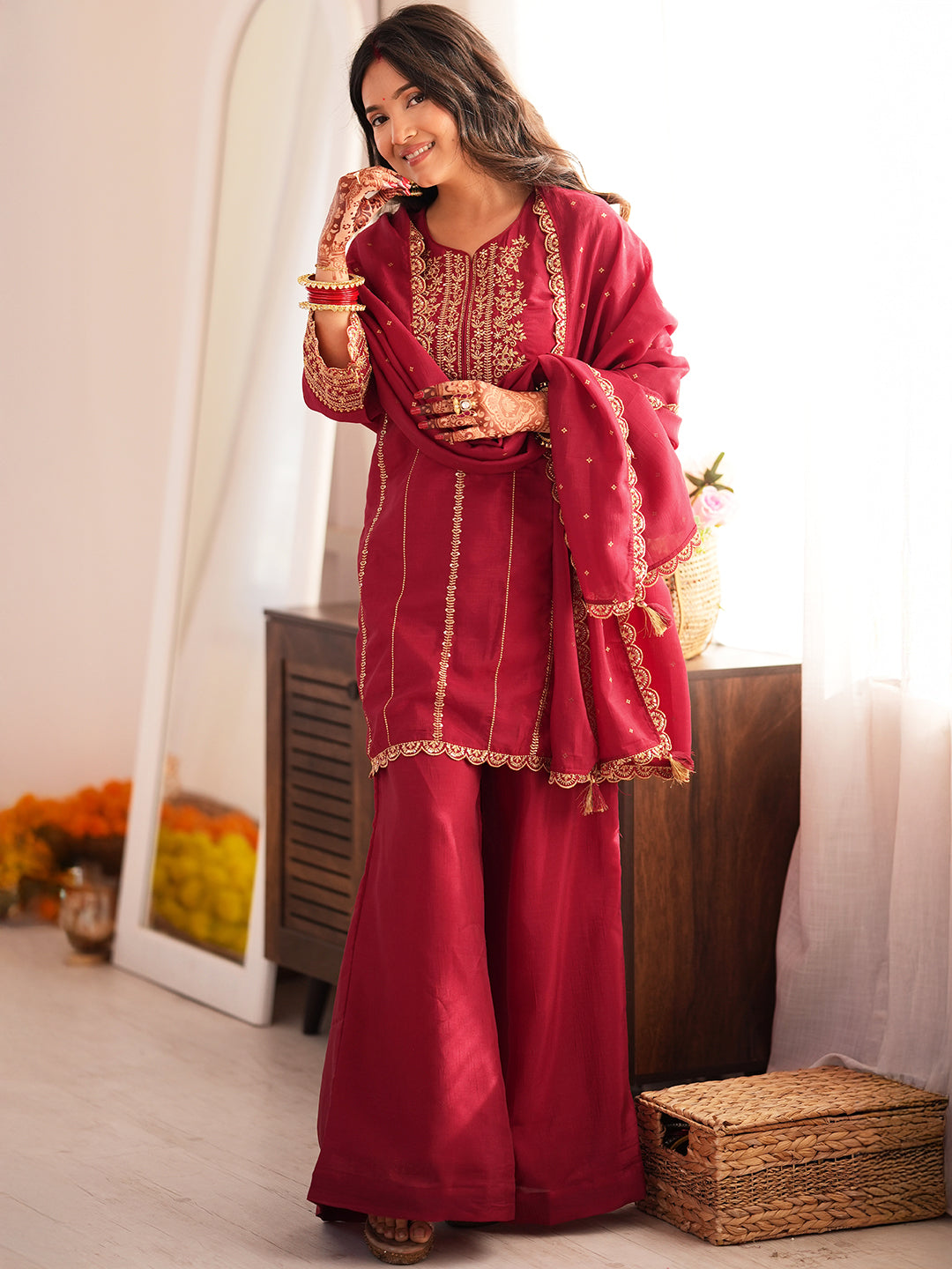 Janasya Women's Maroon Silk Blend Zari Embroidered Straight Kurta with Palazzo and Dupatta Set