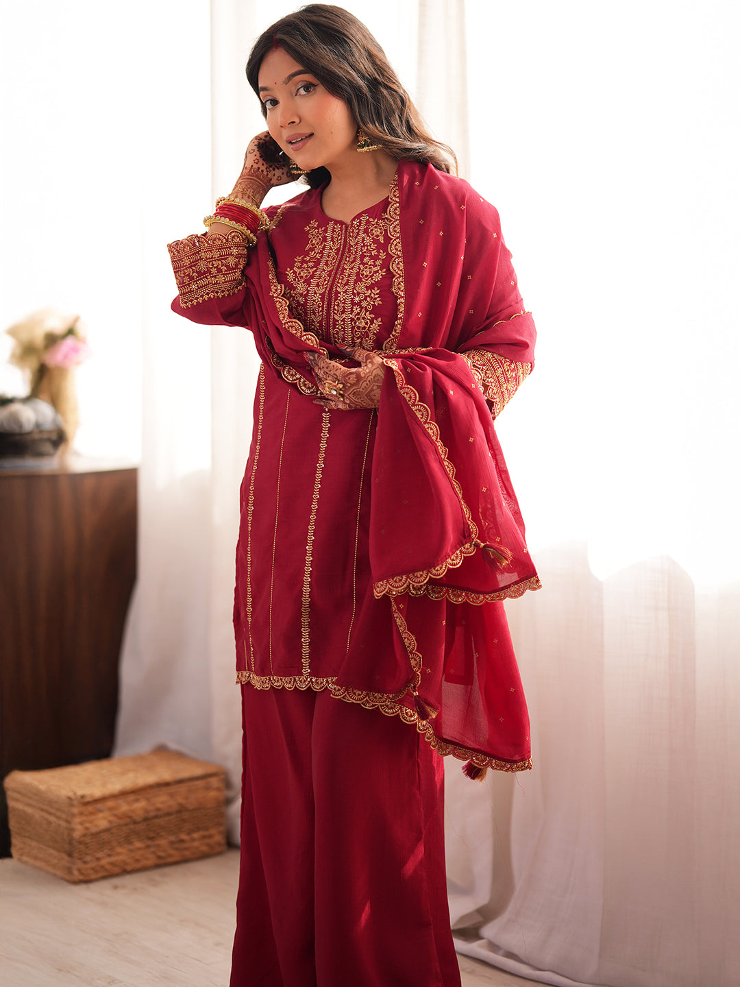 Janasya Women's Maroon Silk Blend Zari Embroidered Straight Kurta with Palazzo and Dupatta Set