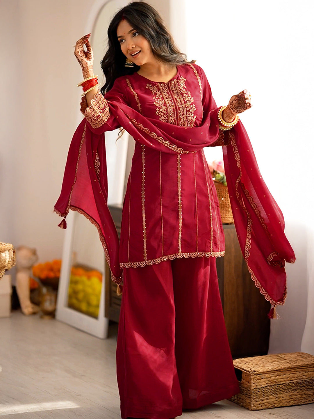 Janasya Women's Maroon Silk Blend Zari Embroidered Straight Kurta with Palazzo and Dupatta Set