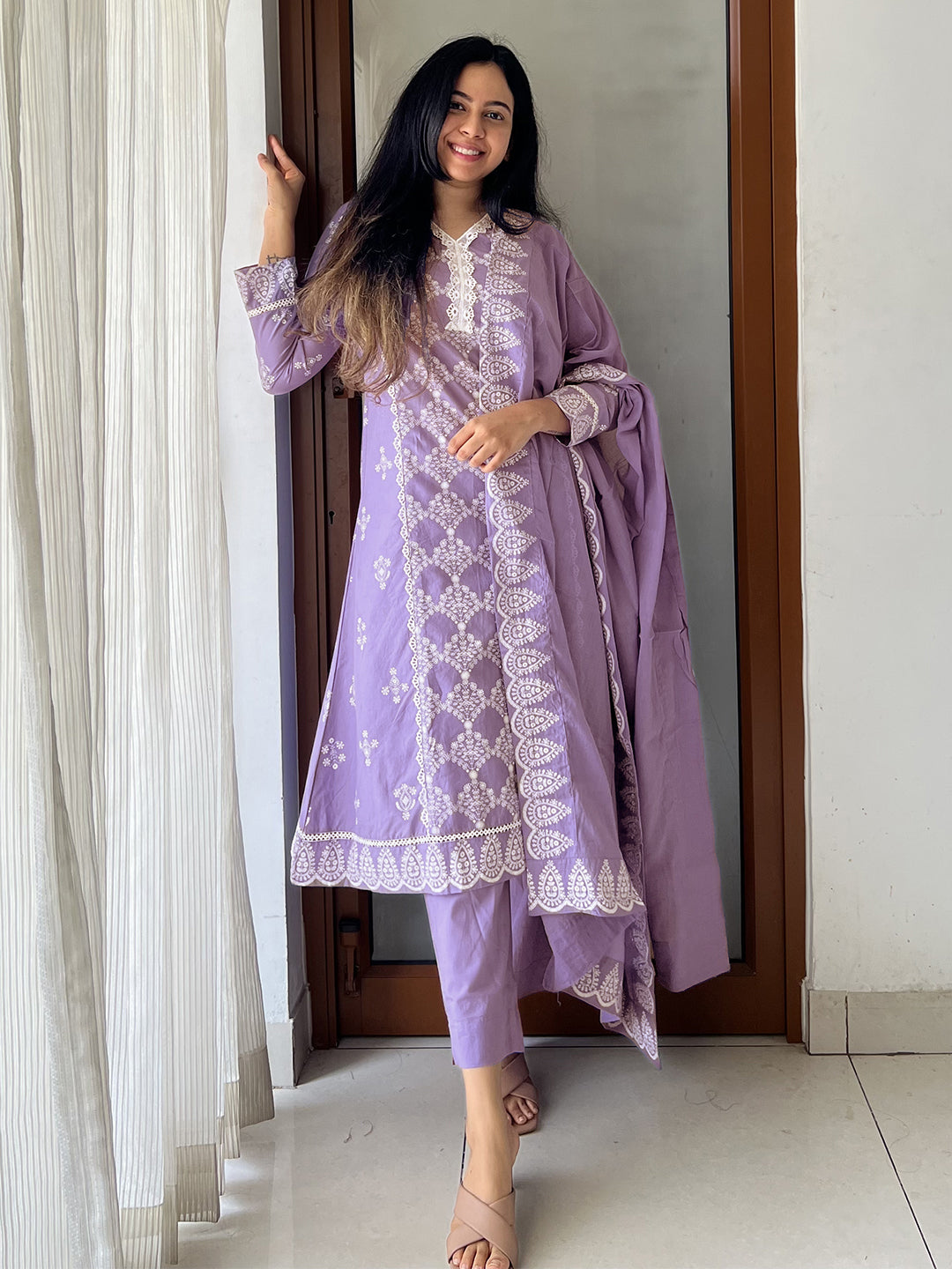 Lavender Pure Cotton Ethnic Motifs Printed A-line Kurta Set