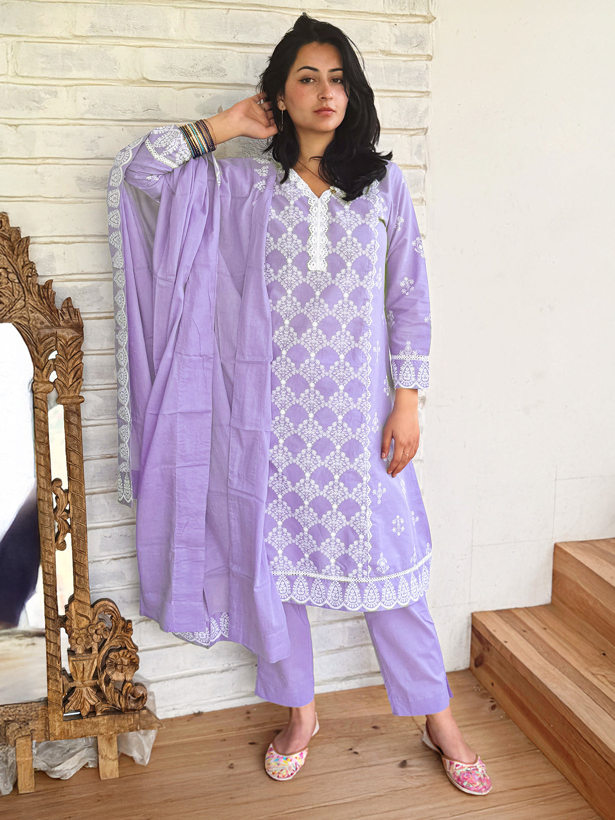 Lavender Pure Cotton Ethnic Motifs Printed A-line Kurta Set