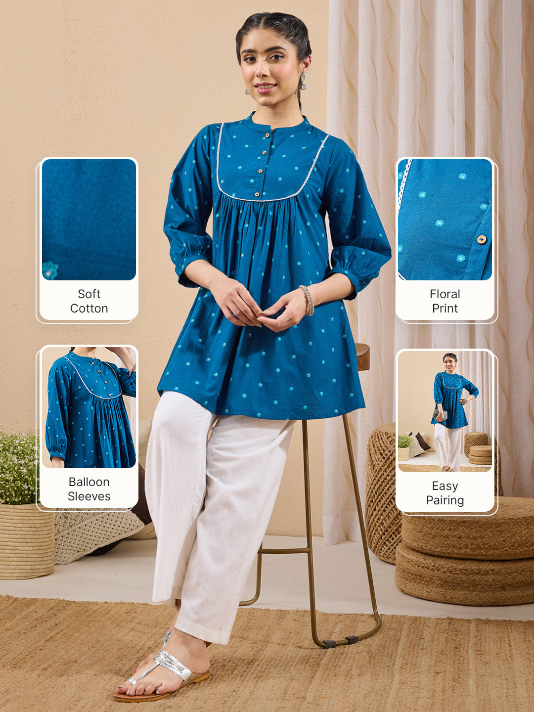 Janasya Women's Teal Blue Pure Cotton Floral Foil Printed A-line Tunic