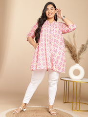 Plus Size Pink Cotton Ikkat Pleated Tunic