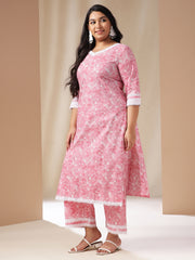 Plus Size Pink Cotton Floral Straight Kurta Set