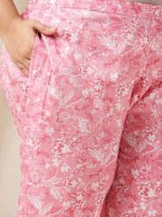 Plus Size Pink Cotton Floral Straight Kurta Set