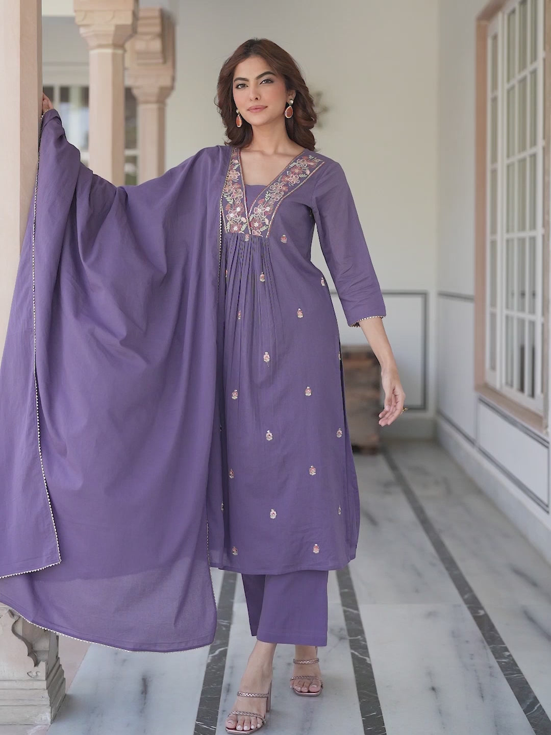 Janasya Women's Purple Pure Cotton Embroidered A-line Kurta Set