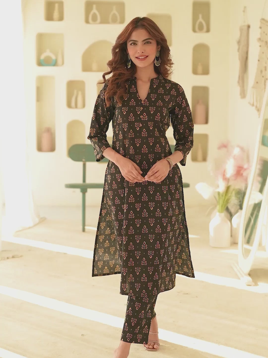 Black Pure Cotton Floral Printed Straight Kurta Pant Set