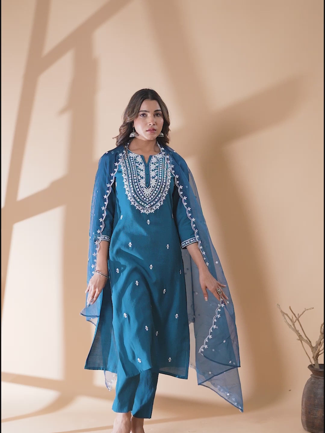 Teal Blue Silk Blend Embroidered Straight Kurta Set