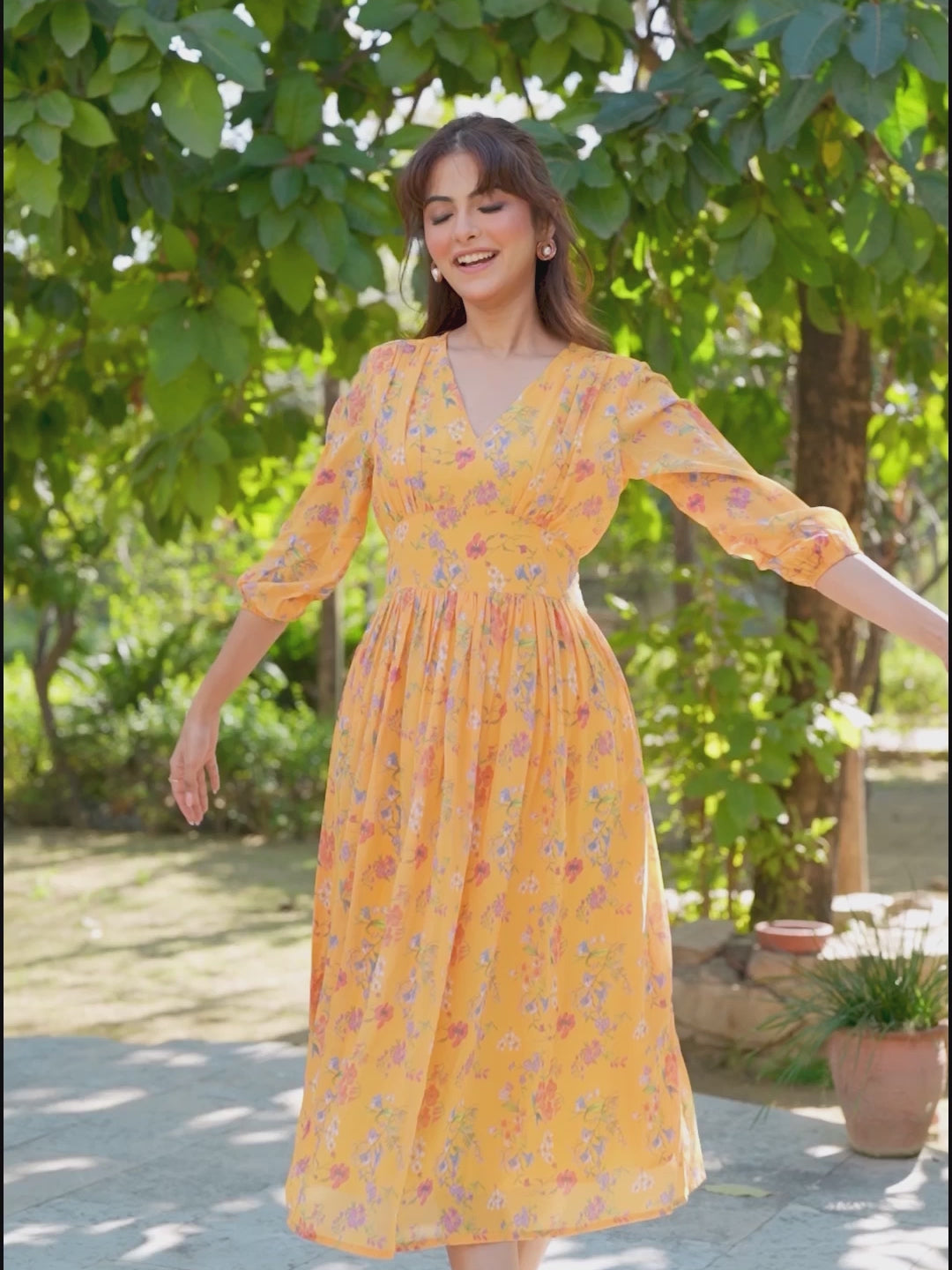 Mustard Georgette Floral Printed Gathered Dress