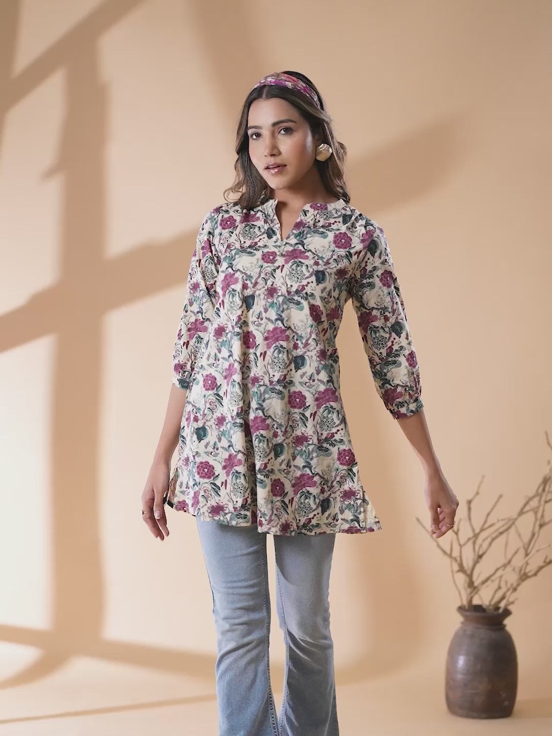Beige Pure Cotton Floral Printed Straight Tunic