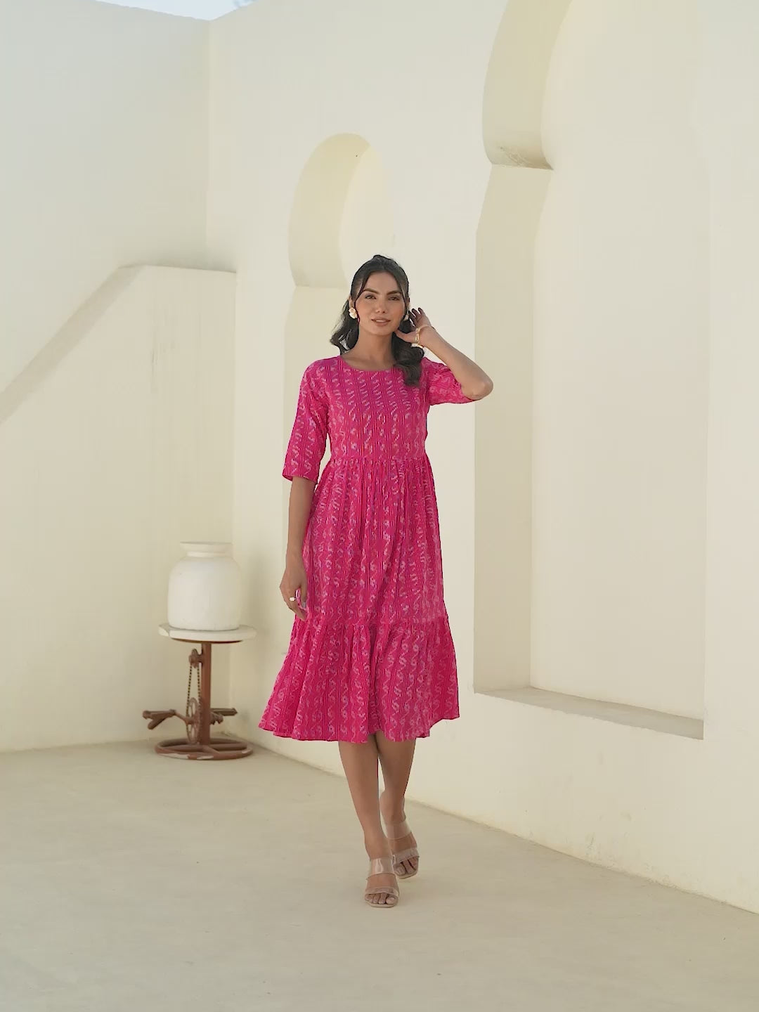Pink Cotton Woven Design Tiered Western Dress