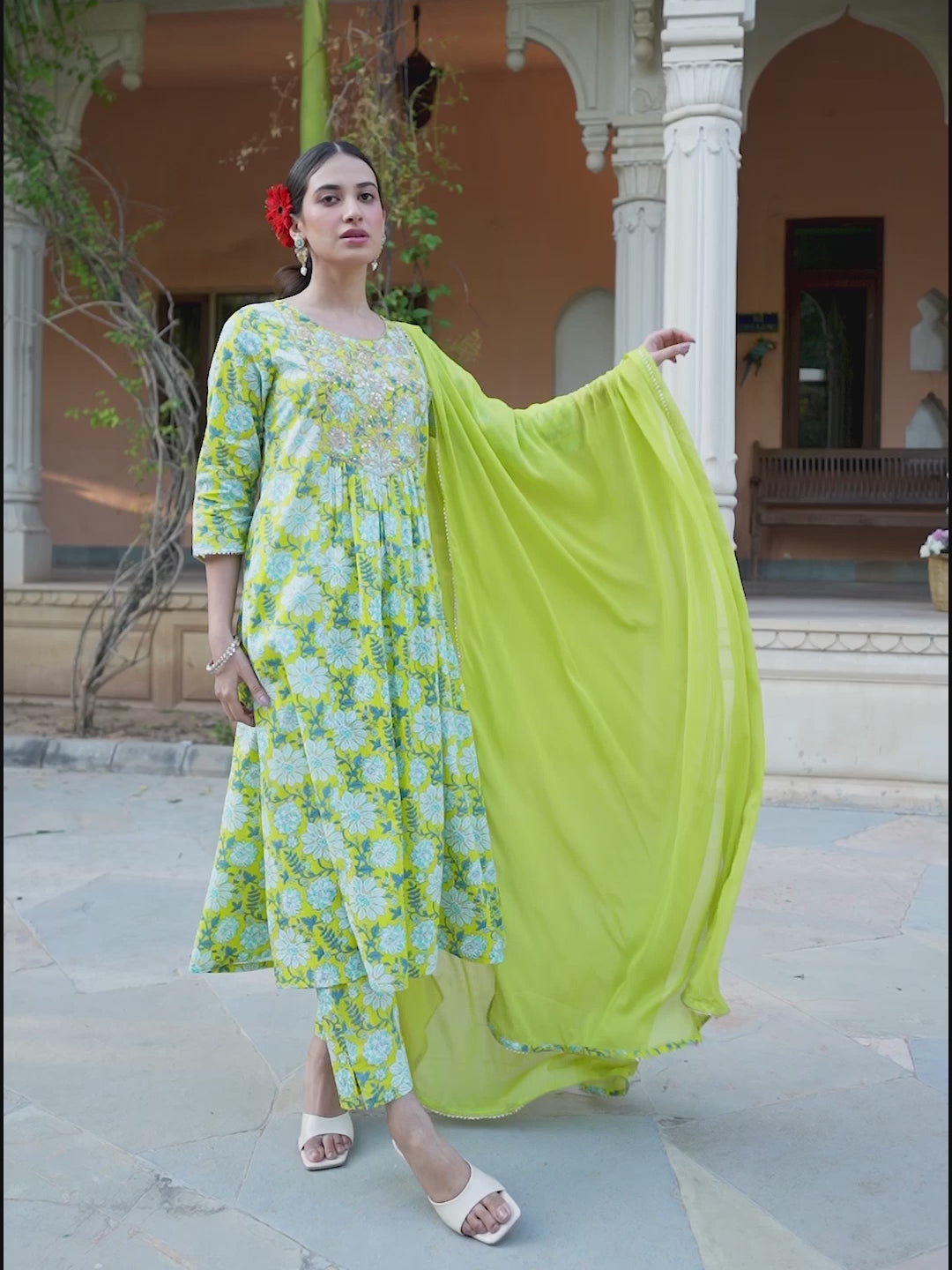 Janasya Women's Lime Green Pure Cotton Floral Printed Yoke Design A-line Kurta Set