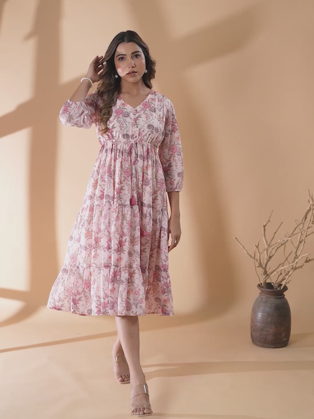 Pink Georgette Floral Printed Tiered Dress