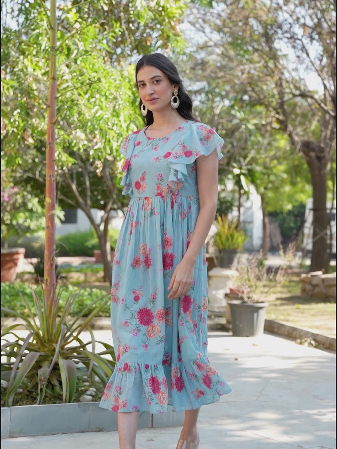 Light Blue Georgette Floral Printed Tiered Dress