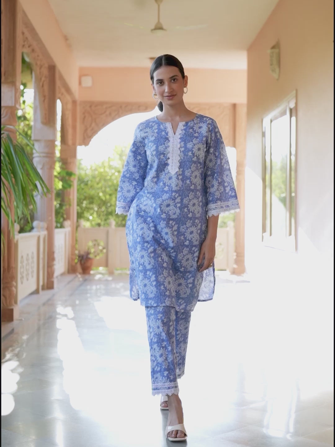 Blue Pure Cotton Floral Printed Straight Co-ord Set