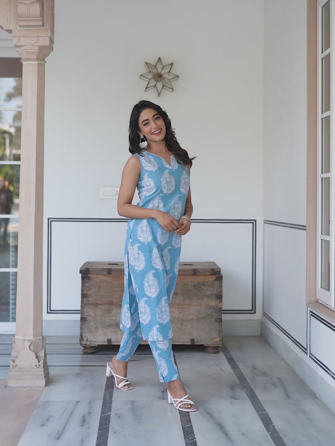 Sky Blue Pure Cotton Ethnic Motifs Printed Straight Kurta Pant Set