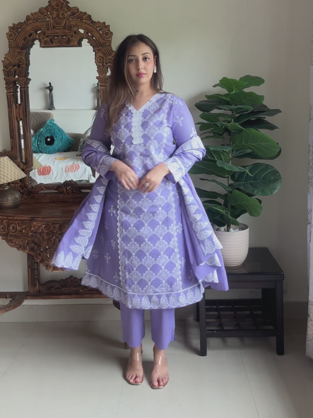 Lavender Pure Cotton Ethnic Motifs Printed A-line Kurta Set