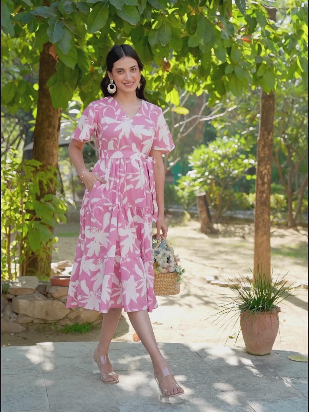 Pink Pure Cotton Floral Printed Tiered Dress