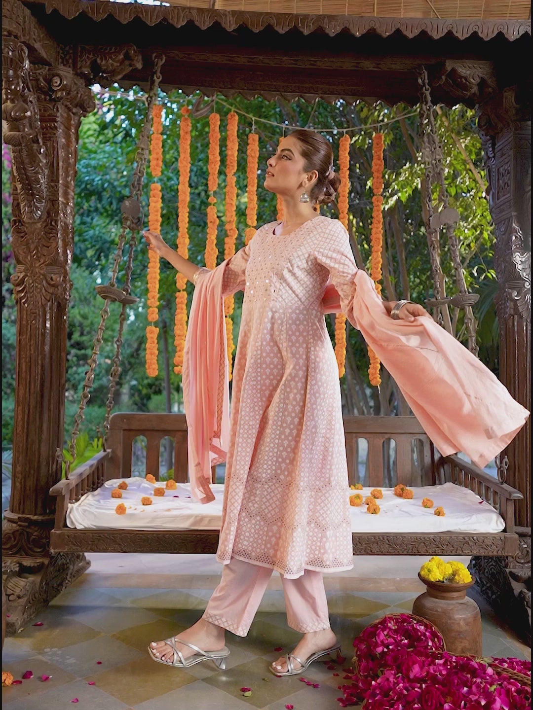 Light Pink Pure Cotton Embroidered Ethnic Motifs Anarkali Kurta Set