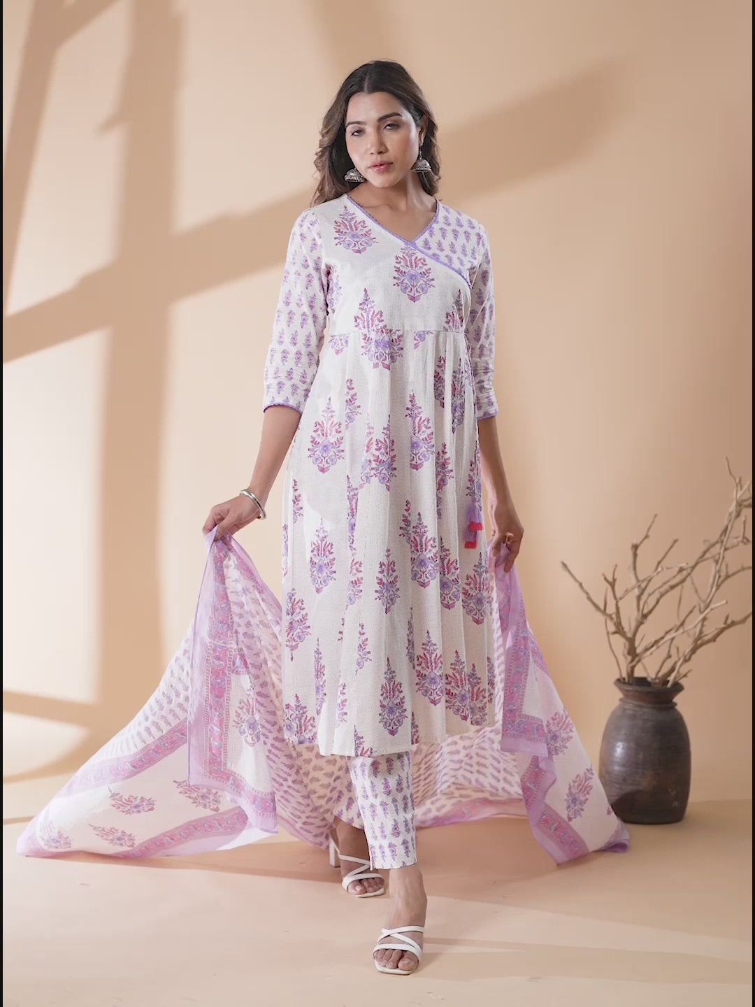 White Pure Cotton Floral Printed Angrakha Kurta Set
