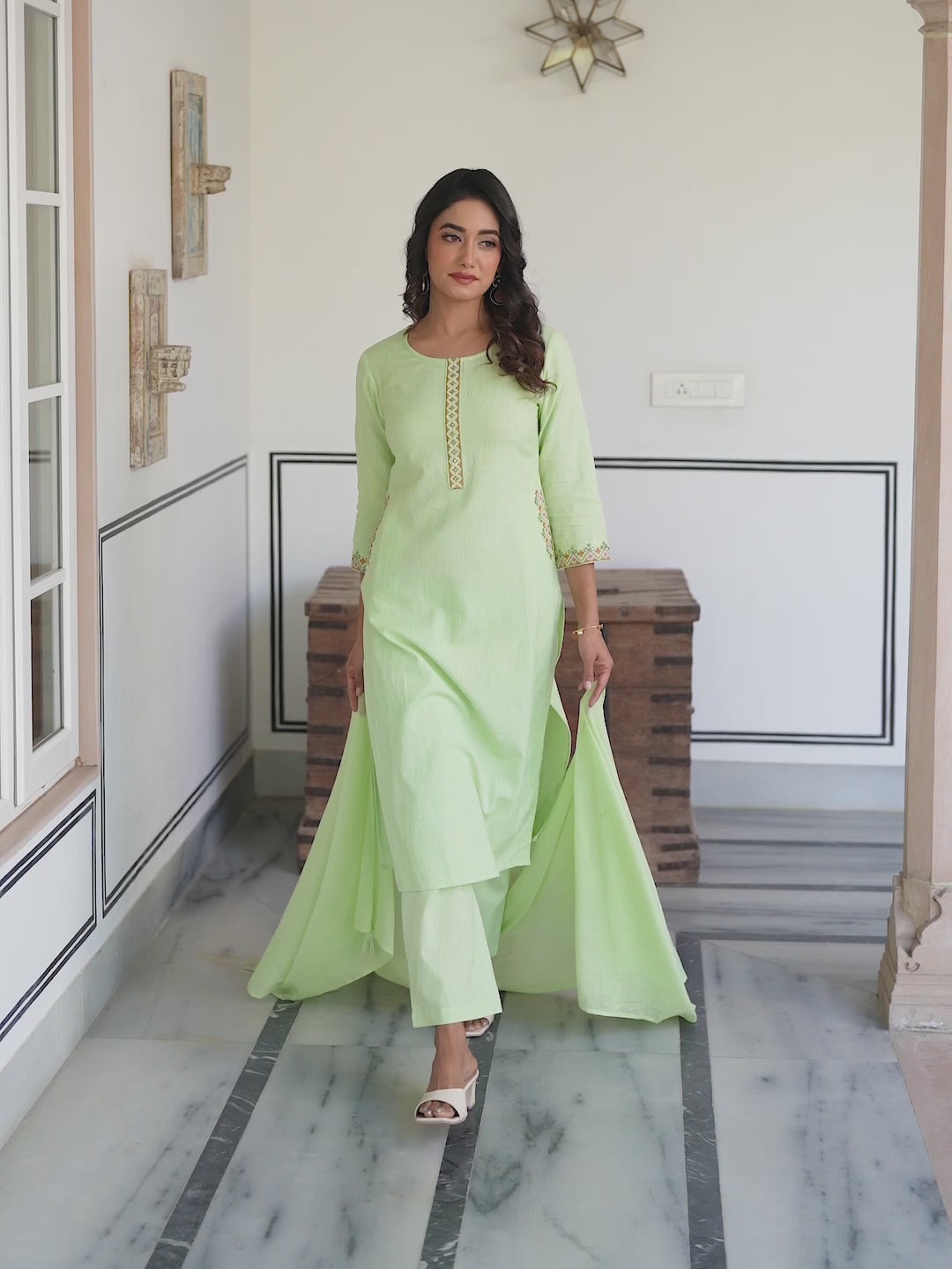 Janasya Women's Light Green Cotton Embellished Straight Kurta Set