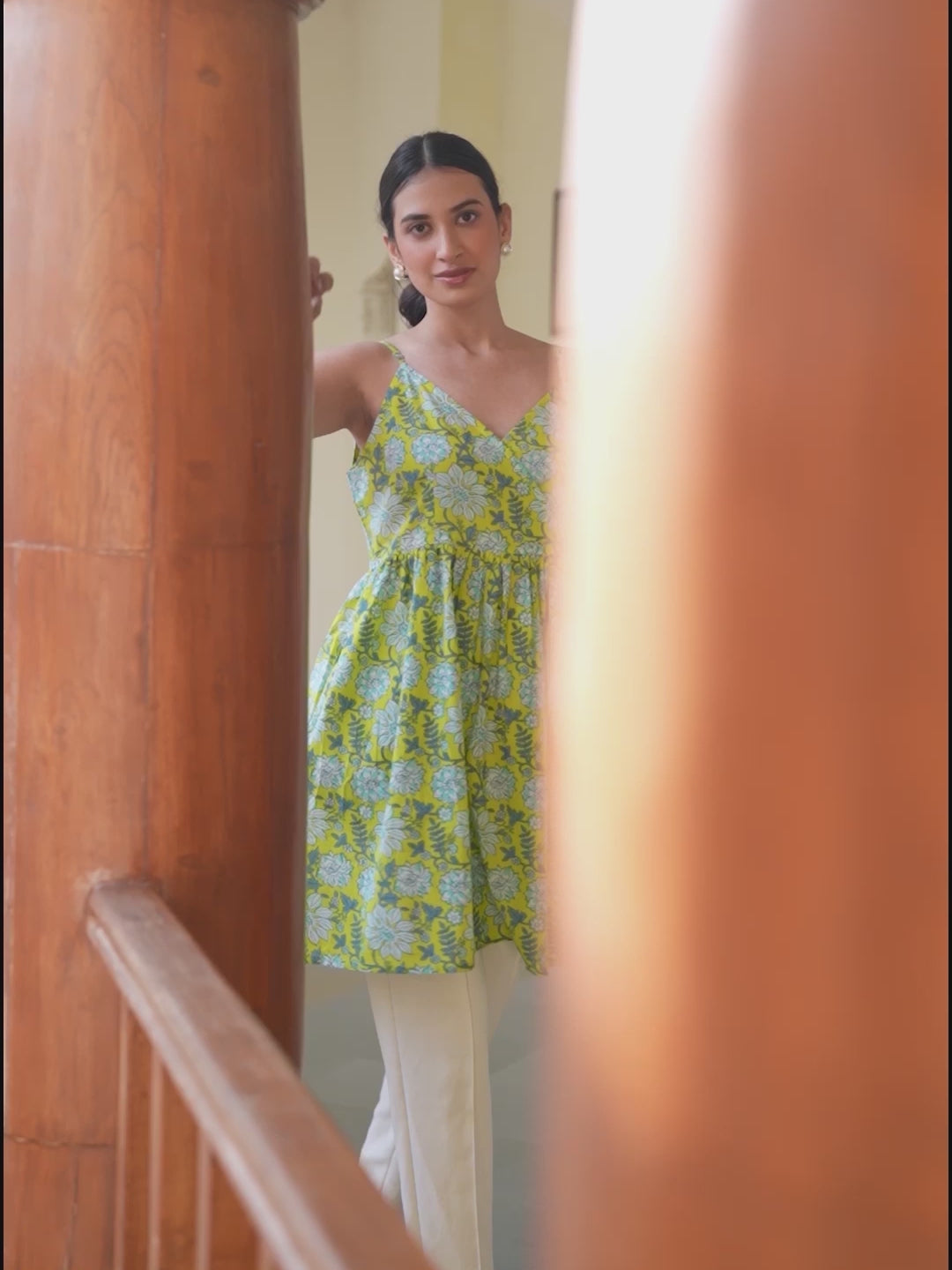 Lime Pure Cotton Floral Printed A-Line Tunic