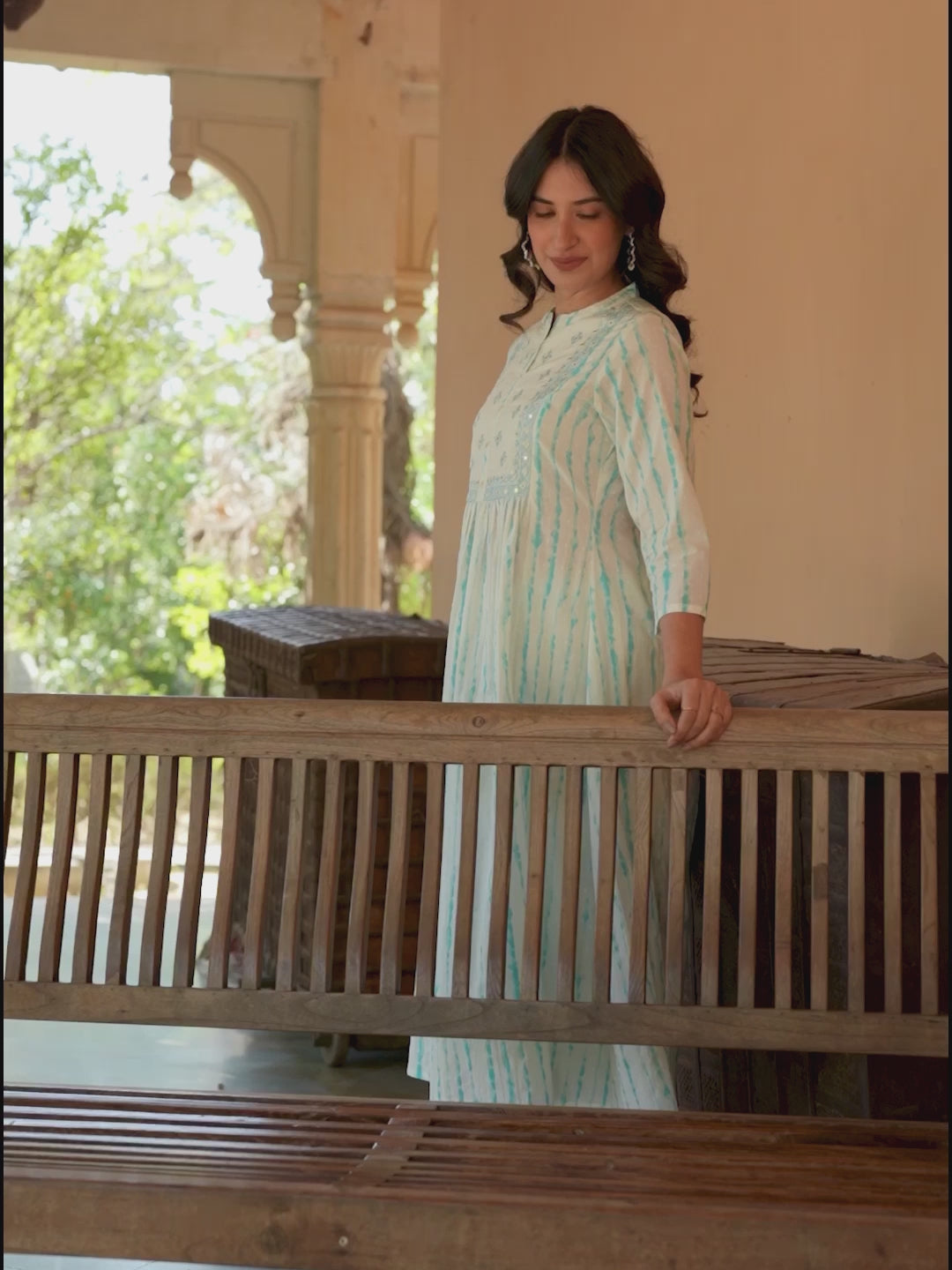 White Pure Cotton Tie & Dye Mirror Work A-Line Kurta Set