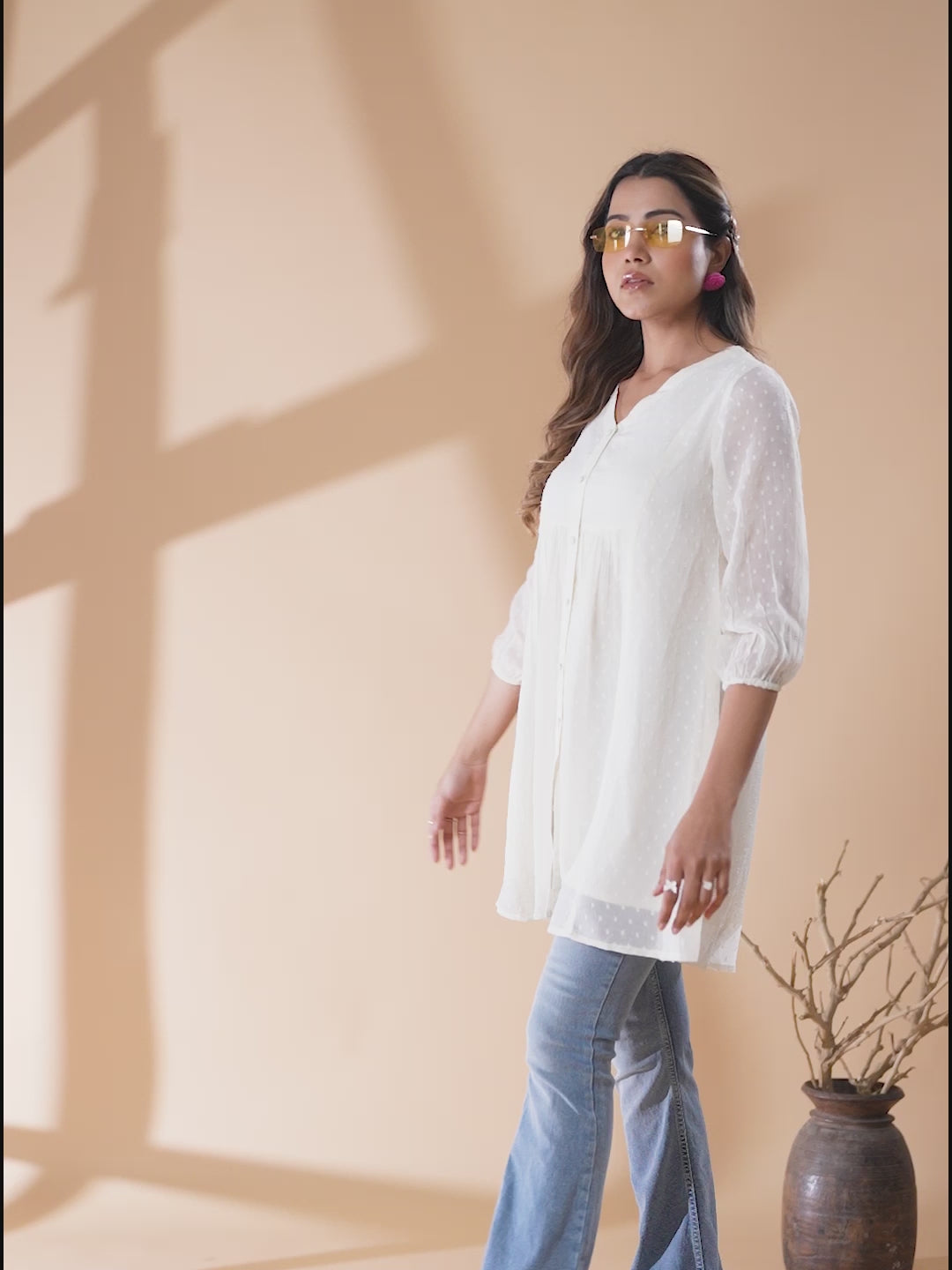Off White Chiffon Self Design A-Line Tunic
