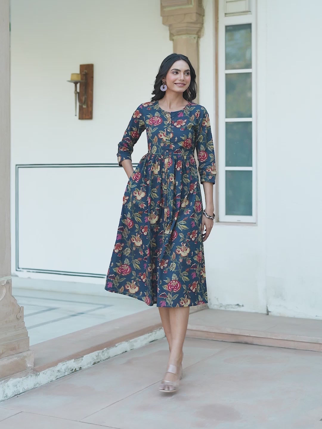 Navy Blue Pure Cotton Floral Printed A-line Dress