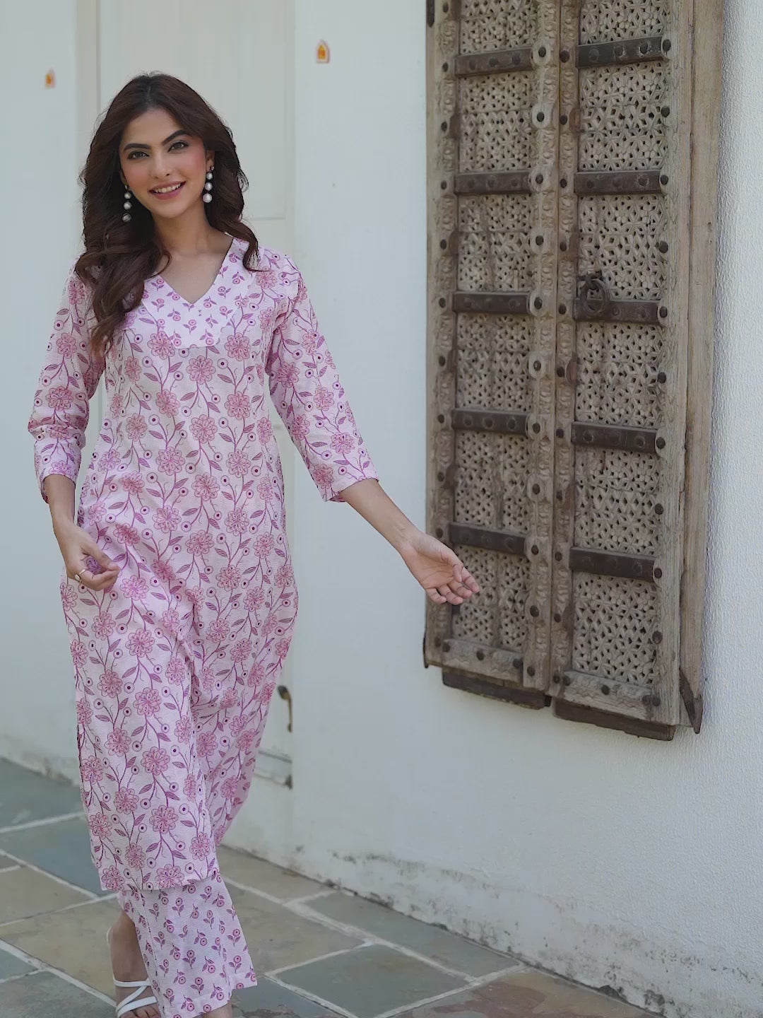Light Pink Pure Cotton Floral Printed Straight Kurta Pant Set