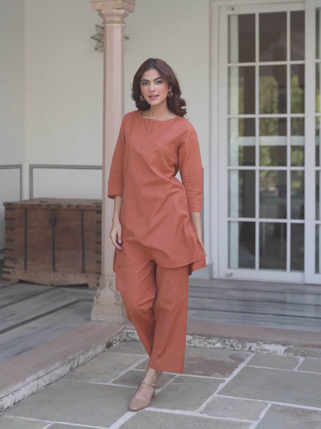 Rust Cotton Solid A-line Co-ords Set