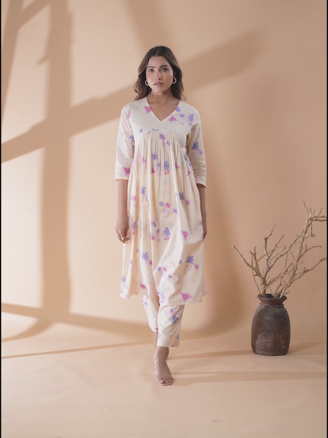 Cream Pure Cotton Floral Printed A-line Kurta Set