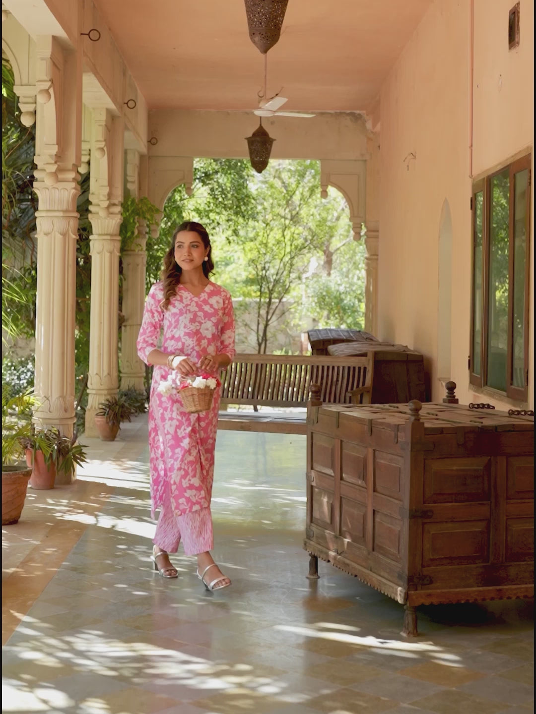 Pink Pure Cotton Floral Printed Straight Kurta Pant Set