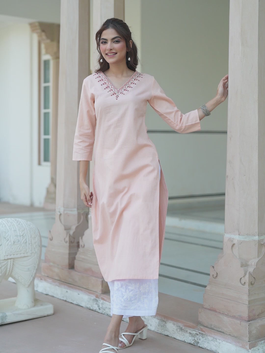 Janasya Women's Peach Cotton Yoke Embroidered Straight Kurta