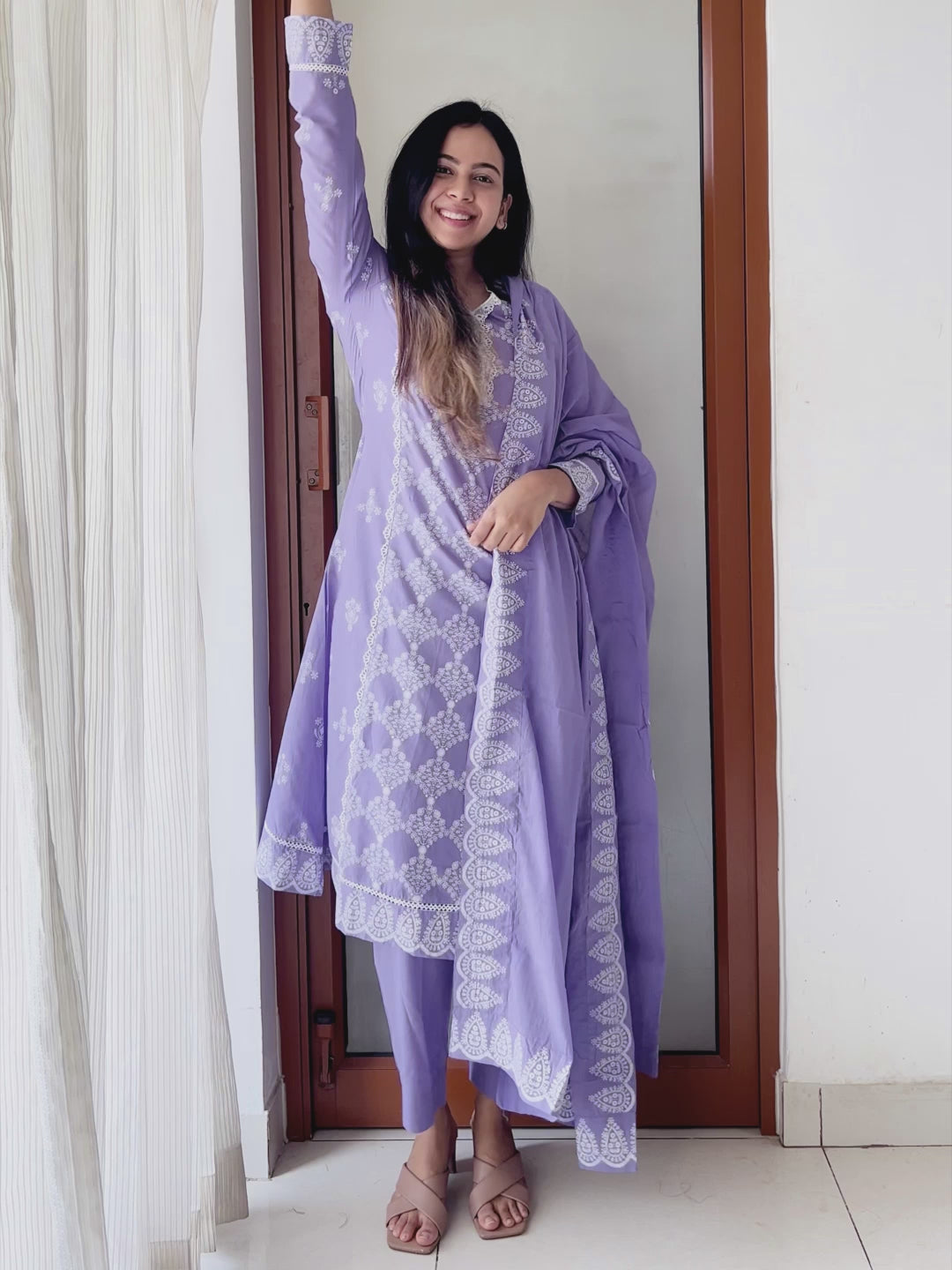 Lavender Pure Cotton Ethnic Motifs Printed A-line Kurta Set