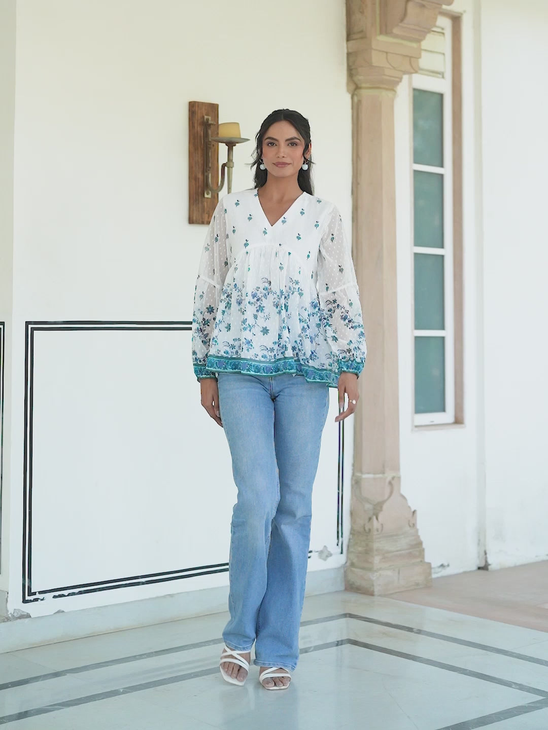 White Georgette Digital Print Flared Top