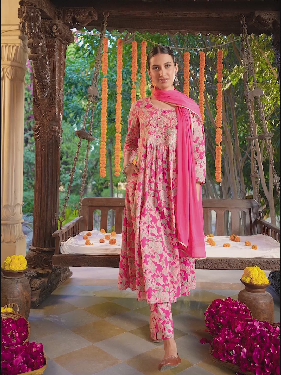 Janasya Women's Pink Pure Cotton Yoke Embroidered Floral Printed A-line Kurta Set