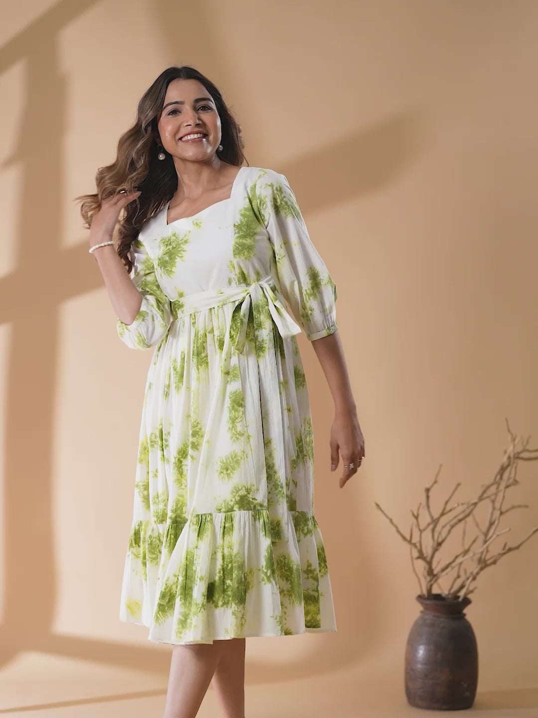 White & Green Pure Cotton Tie & Dye Tiered Dress