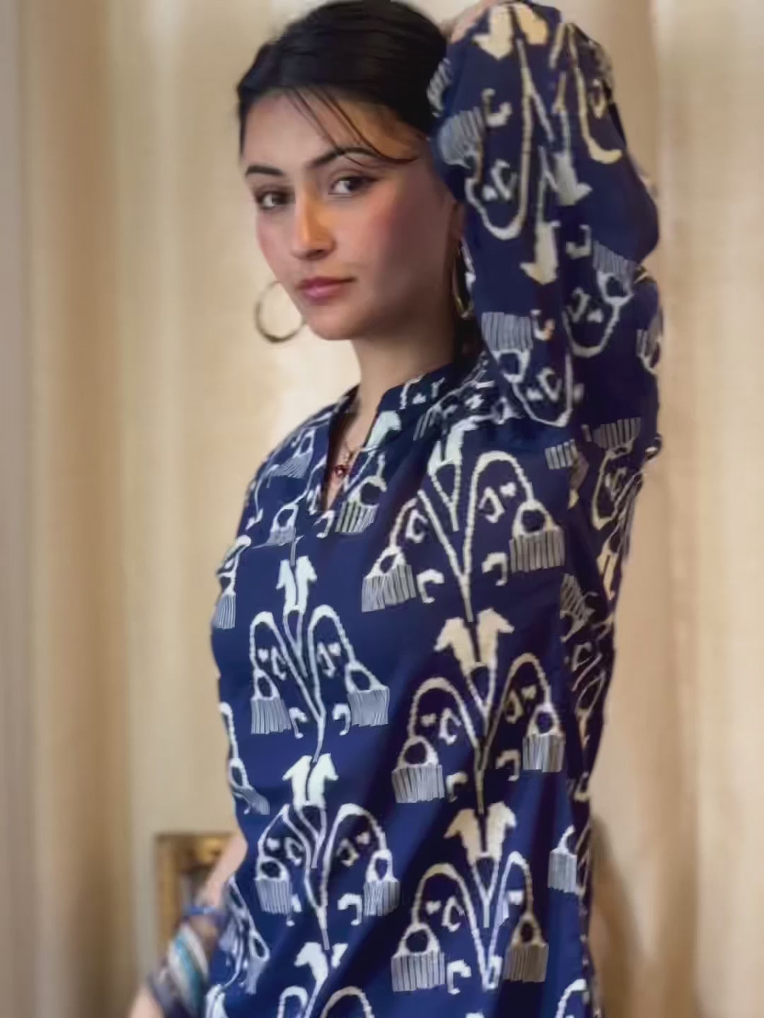 Navy Blue Pure Cotton Ikkat Printed Straight Co-ord Set