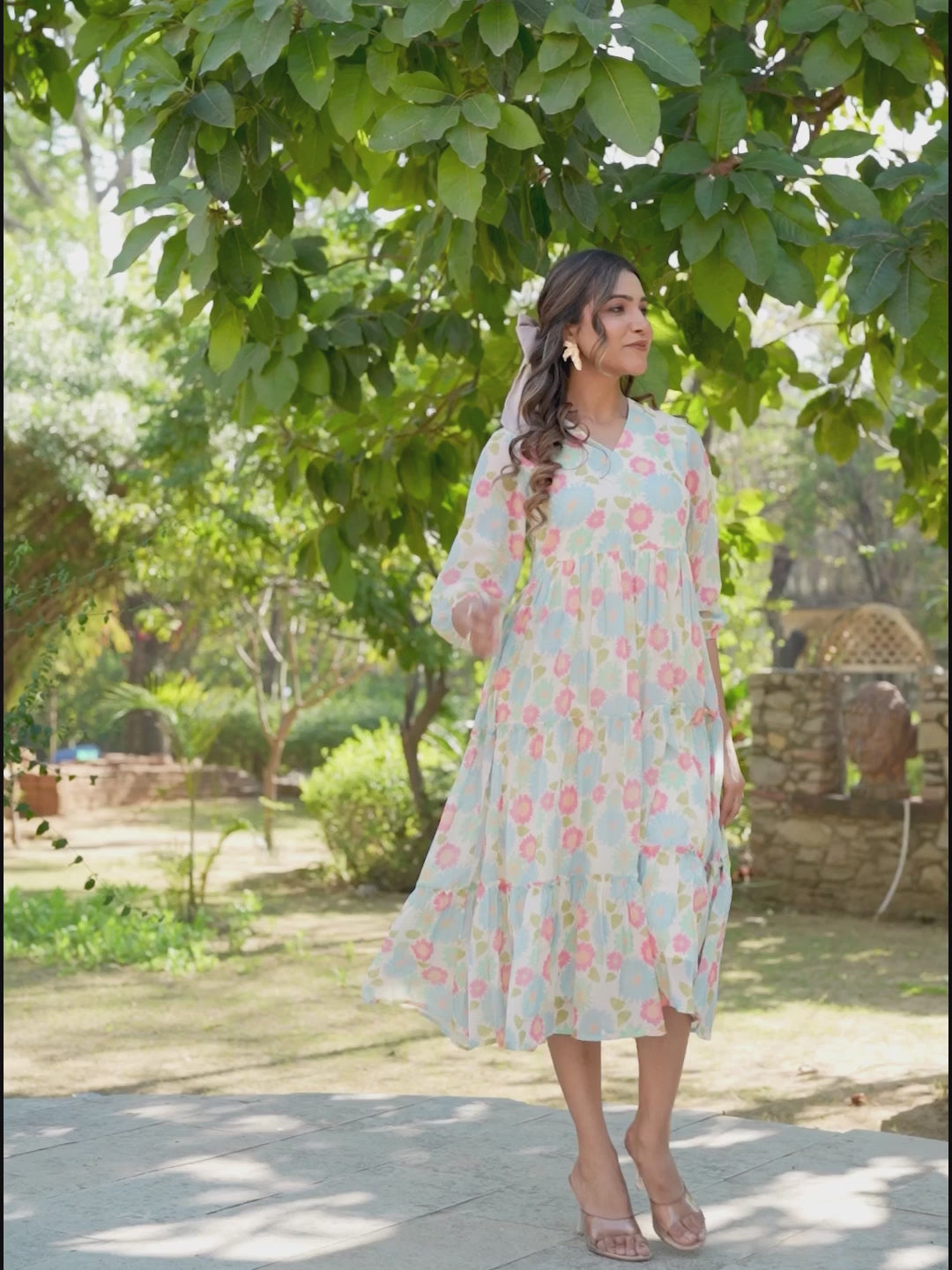 Cream Georgette Floral Printed Tiered Dress