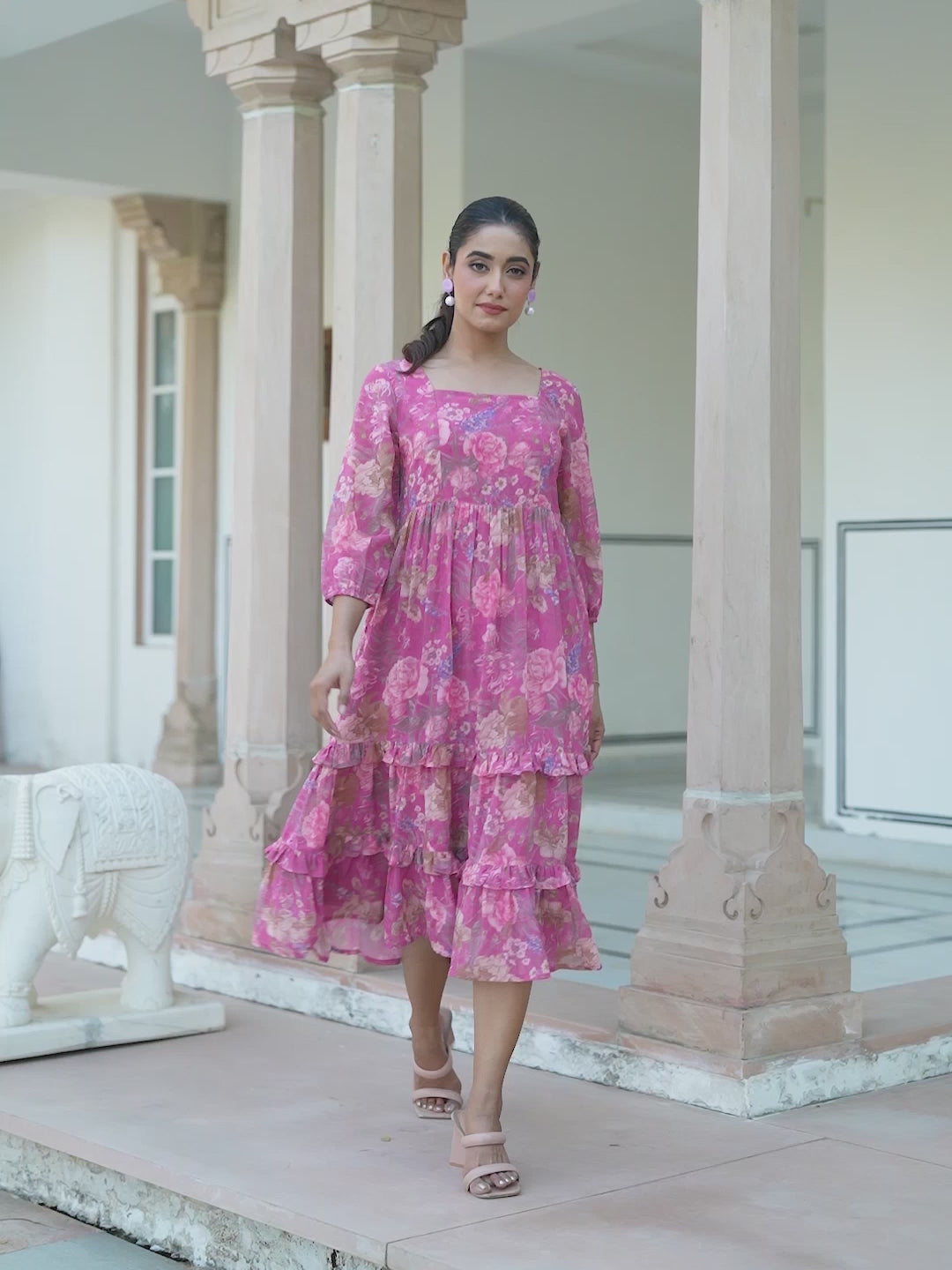 Pink Georgette Floral Printed Tiered Dress