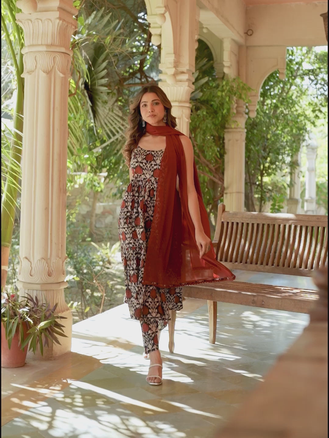 Black Pure Cotton Floral Printed Tiered Kurta Set
